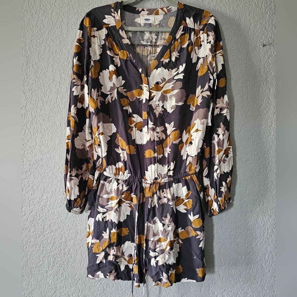 Old Navy Floral V-Neck Long Sleeve Romper Dress - Charcoal with Mustard & Ivory